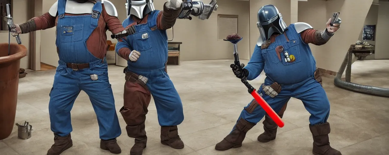 Prompt: overweight plumber wearing overalls and holding toilet plunger duelling with mandalorian holding a lightsaber