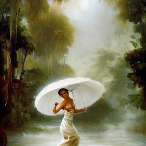 Image similar to monsoon on tropical island, oriental goddess in white, elegant, frontal, ornate, beautiful, atmosphere, vibe, mist, coconuts, rain, wet, pristine, puddles, melting, dripping, snow, creek, lush, ice, bridge, forest, roses, flowers, by stanley artgerm lau, greg rutkowski, francisco de goya