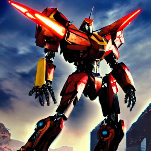 Image similar to mecha warrior in ps 5 game machine warrior 5 and pacific rim movie