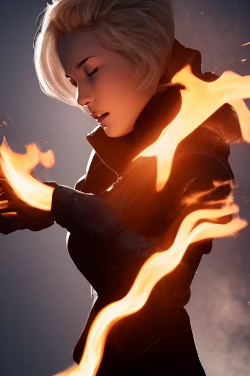 Prompt: a beautiful blonde woman spitting flames with her hands wearing a long matrix jacket, realistic, high definition, many details, dramatic scene, detailed and realistic hands, symmetrical face, realistic eyes, art of unreal engine 5