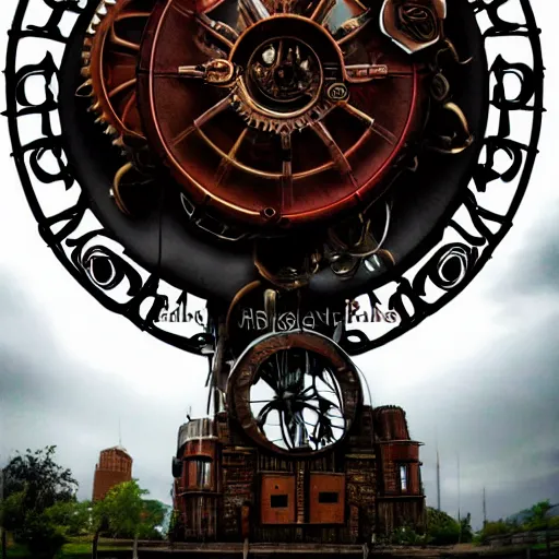 Image similar to giant mechanical rose, steampunk, fantasy art, sky