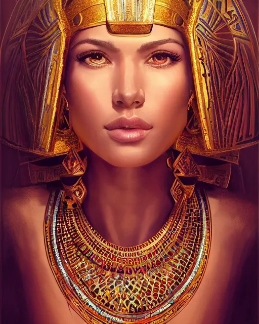 Image similar to Jessica Kahawaty as a beautiful egyptian princess, gorgeous, portrait, Symmetrical, powerful, intricate, beautiful, masterpiece, elegant, volumetric lighting, dramatic lighting, highly detailed, artstation, sharp focus, no cropping, illustration, Artgerm, Jean-Léon Gérôme , ruan jia