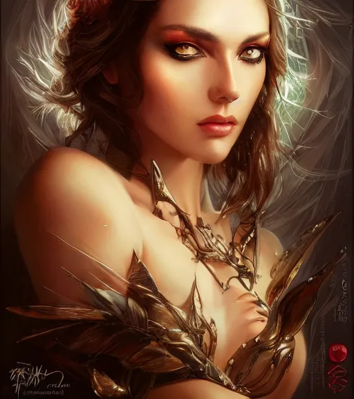 Image similar to a higly detailed full body shot portrait painting of a sensual female fantasy character with piercing beautiful eyes, dynamic lighting, ambient lighting, deviantart, art by artgerm and karol bak and mark brooks
