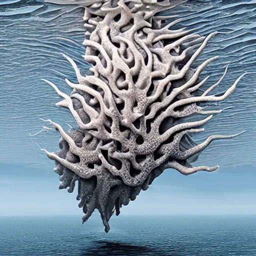 Prompt: dendritic hyperdimensional monster emerging from sea surface, but monster is dendritic