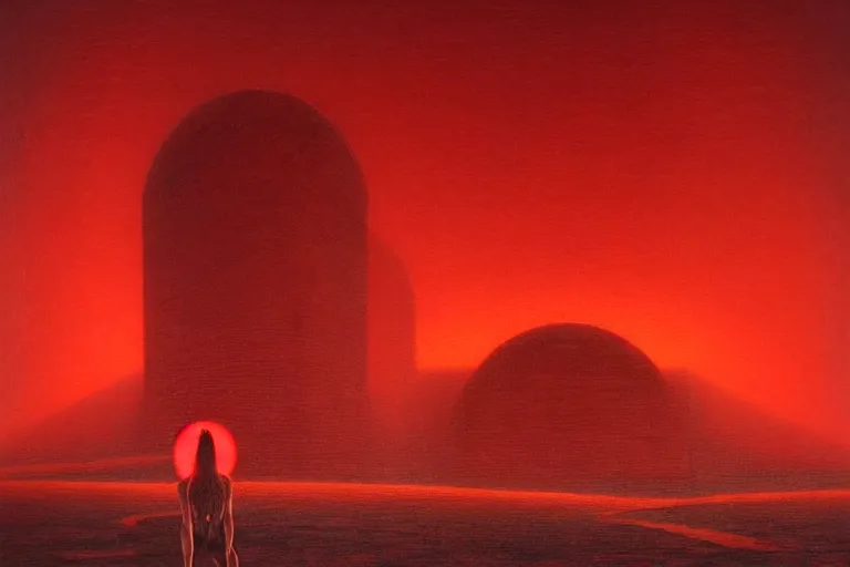 Image similar to only with red, a red god of death eat apple, a futuristic city on mars in background, an ancient path, pathos, in the style of beksinski, part by hopper, part by rodcenko, part by hofbauer, intricate composition, red by caravaggio, insanely quality, highly detailed, masterpiece, red light, artstation