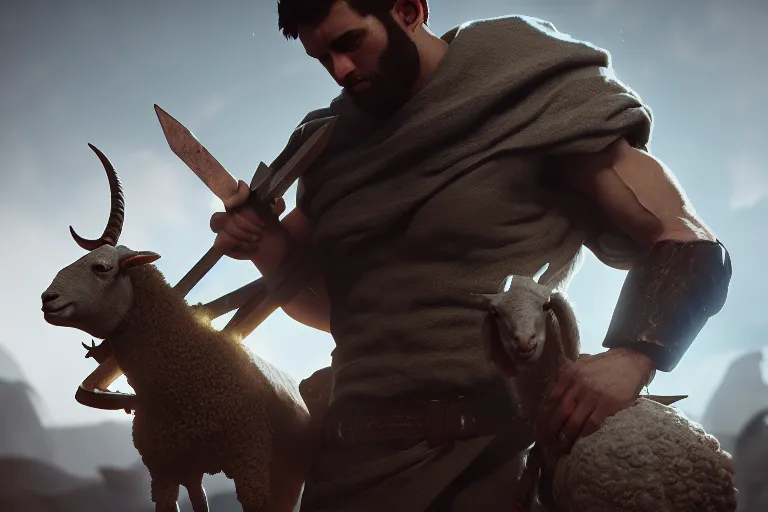 Image similar to biblical cain holding a lance and able holding a lamb, volumetric lighting, epic composition, hyper detailed, ultra realistic, sharp focus, octane render, volumetric, ray tracing, artstation trending, sense of awe, 4 k