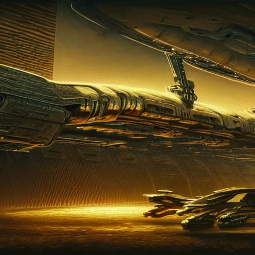 Image similar to cyberpunk starship hovering, atmospheric lighting, painted, intricate, golden hour, ultra detailed by peter gric, giger, enki bilal