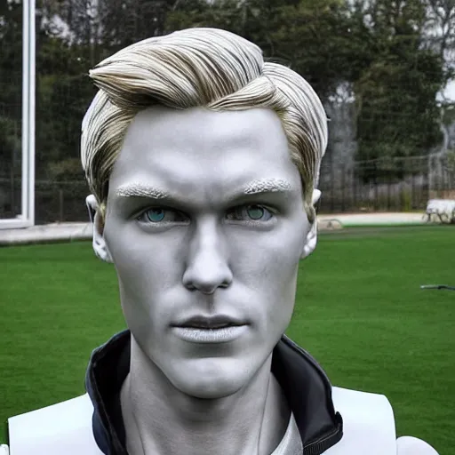 Image similar to a realistic detailed photo of a guy who is an attractive humanoid who is half robot and half humanoid, who is a male android, soccer player martin ødegaard, shiny skin, posing like a statue, blank stare, by the pool, on display, showing off his muscles, humanoid robot, frozen ice statue