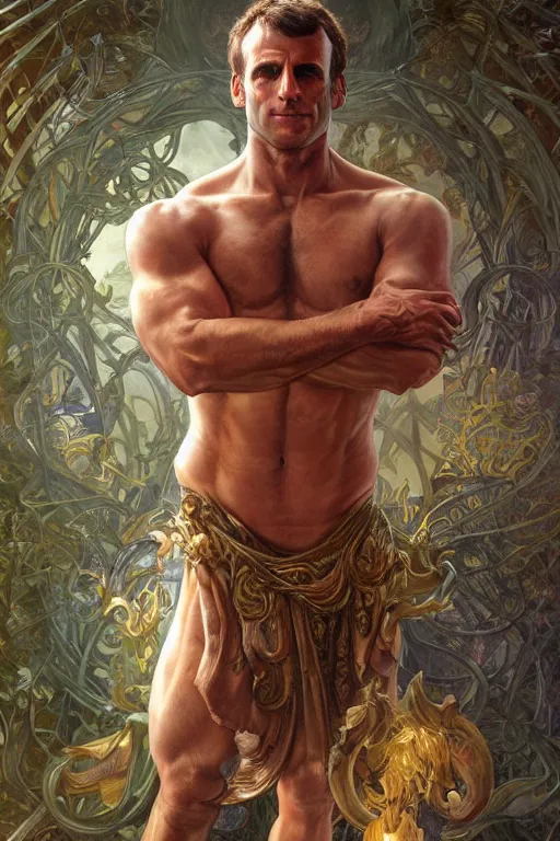 Prompt: portrait of emmanuel macron as a hulking herculean demon, forest, godlike, full body, fantasy, intricate, elegant, highly detailed, digital painting, artstation, concept art, sharp focus, illustration, art by artgerm and greg rutkowski and alphonse mucha