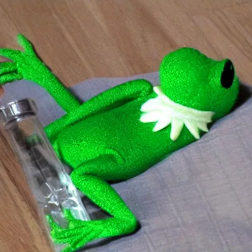 Image similar to “ spilled bottle of prescription pills next to sleeping kermit the frog ”