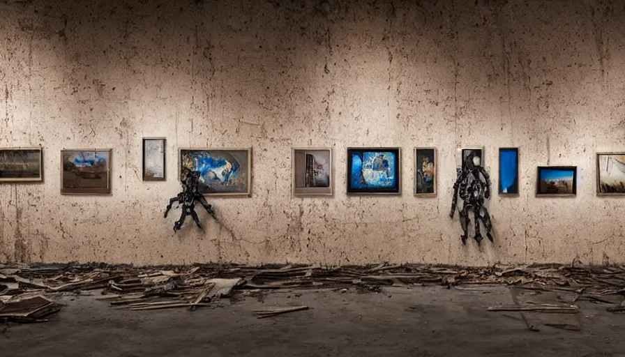 Image similar to abandoned art gallery, robots with articulated metal hands hold paintbrushes against photos of landscapes hung on the walls, dramatic lighting, 4 k