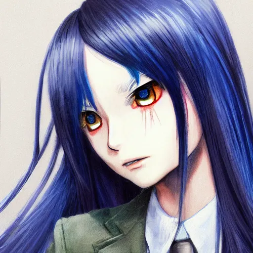 Image similar to full face shot of rimuru tempest, sky blue straight hair, long bangs, with amber eyes, wearing a fancy black jacket, high collar, ultra detailed, brush strokes, digital painting, cinematic, wlop artstation, closeup, pixiv, eerie, scary, intimidating glare, evil, yoshitaka amano, junji ito,