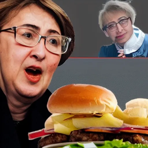 Prompt: krachkovskaya eats burgers