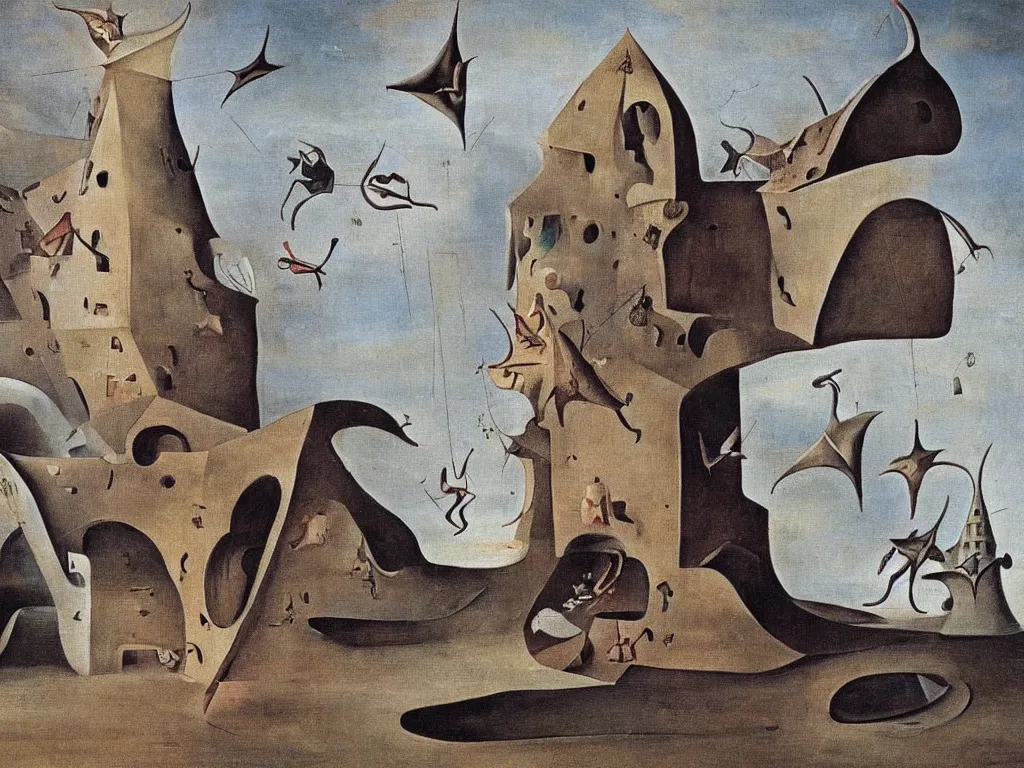 Prompt: feet running away from their master with star shaped building. painting by bosch, salvador dali, moebius