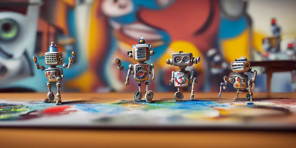 Image similar to closeup portrait of tin toy retro robots painters mixing gouache on white paper table in an artist workshop, depth of field, zeiss lens, detailed, centered, fashion photoshoot, by nicoletta ceccoli, mark ryden, lostfish, breathtaking, 8 k resolution, extremely detailed, beautiful, establishing shot, artistic, hyperrealistic, octane render