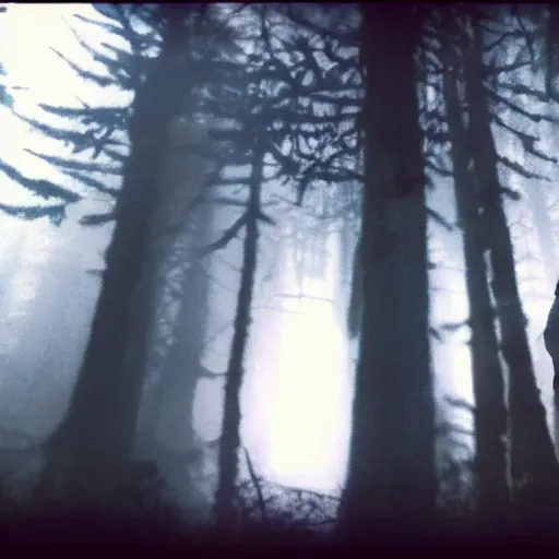 Image similar to low quality iphone photo of the payday 2 crew standing ominously deep in the foggy woods low visibility creepy, grainy, trail cam footage