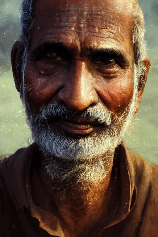 Image similar to hindu citizen, close - up portrait, poor, intricate, elegant, volumetric lighting, scenery, digital painting, highly detailed, artstation, sharp focus, illustration, concept art, ruan jia, steve mccurry