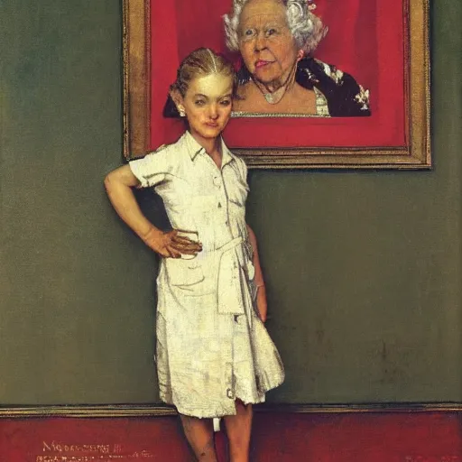 Image similar to Frontal portrait of the queen of the proletariat. A painting by Norman Rockwell.