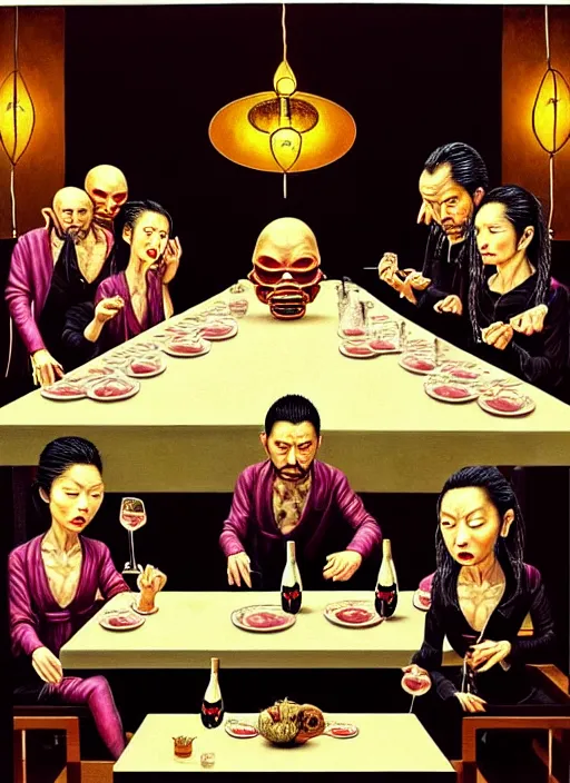 Prompt: realistic detailed last supper image of a criminal yakuza insect family in baroque clothes in an old italian restaurant full of mirrors feasting over alien brain salad and roasted flamingo dishes and drinking sparkling wine by Bel Fullana, James Jean, Storm Thorgerson, and Tony Matelli, neo noir, semi naive, rich deep colors, cinematic. Allison Schulnik painting, part by Adrian Ghenie and Gottfried Helnwein. art by Ron Mueck. masterpiece