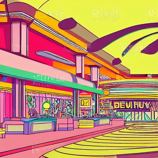 Image similar to art deco vaporwave illustration of a mall food court in pastel colors