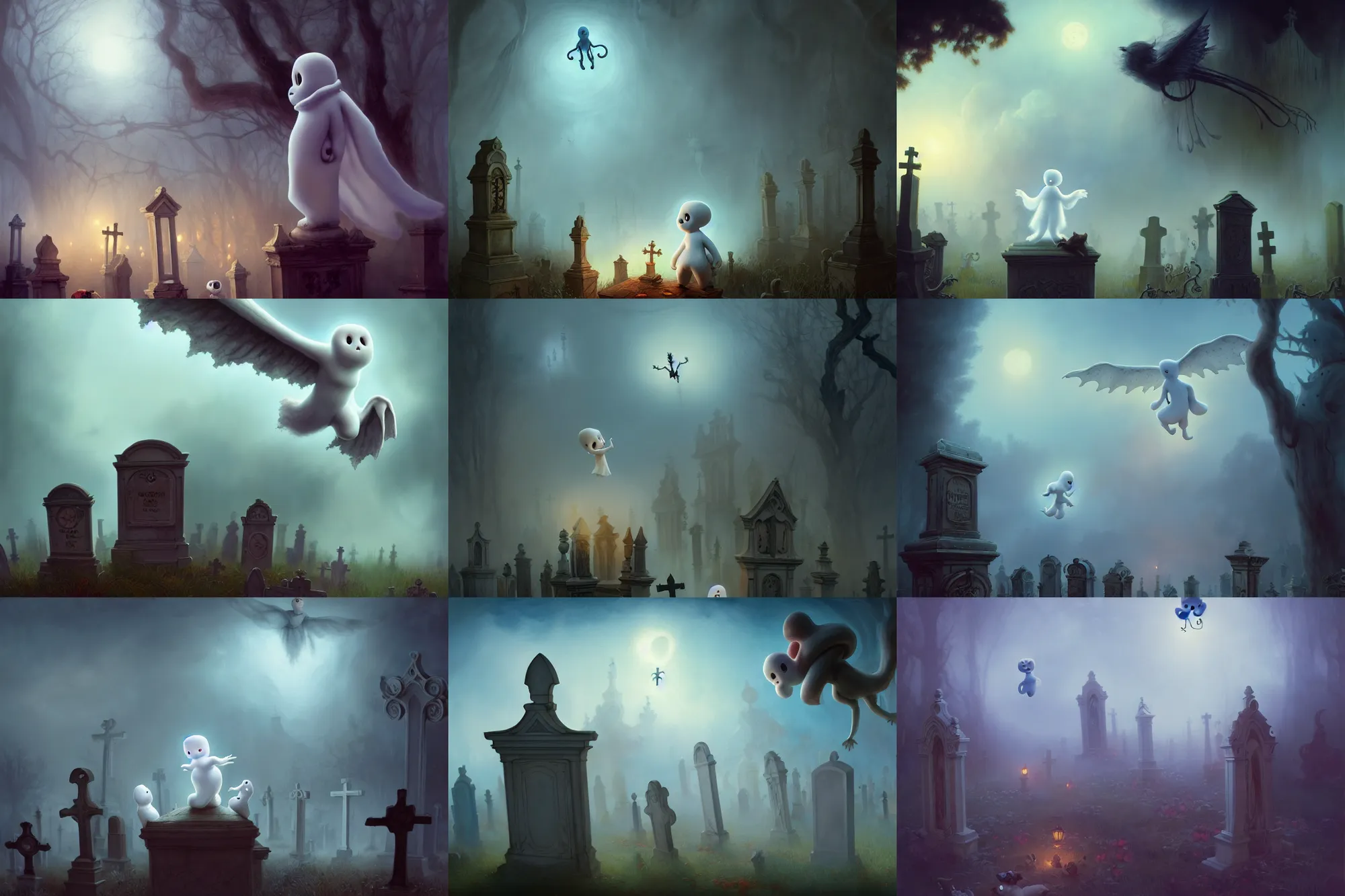 Prompt: casper the friendly ghost flying over a graveyard at midnight, playing with his weird looking ghost friends, cinestill, painted by james jean and gaston bussiere, very detailed and cute and cozy and transparent, backlight, fog, mist, trending on artstation