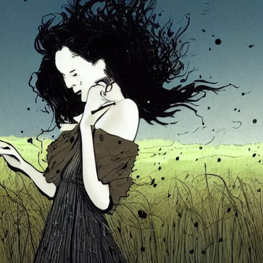 Prompt: The illustration depicts a woman standing in a field of ashes, her dress billowing in the wind. Her hair is wild and her eyes are closed, and she seems to be in a trance-like state. The illustration is dark and atmospheric, and the ashes in the field seem to be almost alive, swirling around. by Charles Vess hyperdetailed