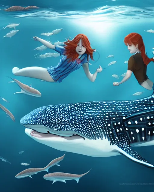 Image similar to a lot of whale sharks swimming with redhead girl, radiant lighting, cinematic, artstation