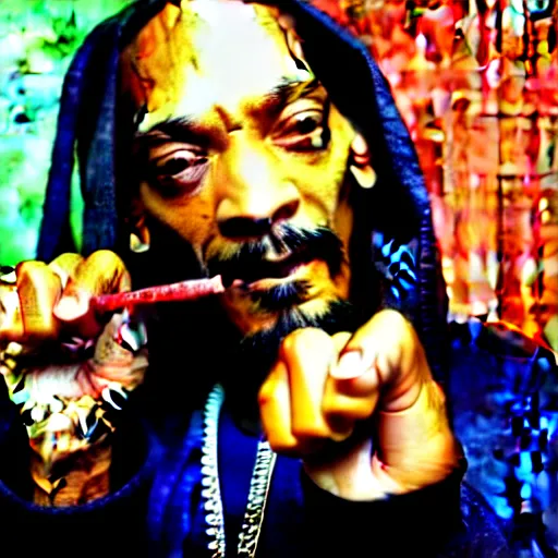 Image similar to Snoop Dog with big eyes eye color red , smiling and holding a joint in his hand