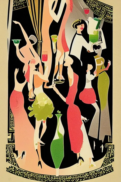 Prompt: “Illustration of a party with people dancing in luxurious house with cocktail glasses in their hands. Modern retro. Art Nouveau style.”
