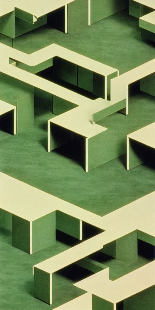 Image similar to huge sprawling gargantuan angular dimension of infinite indoor landscape 7 0 s green velvet and wood with metal office furniture. surrealism, mallsoft, vaporwave. muted colours, 7 0 s office furniture catalogue, shot from above, endless, neverending epic scale by escher and ricardo bofill