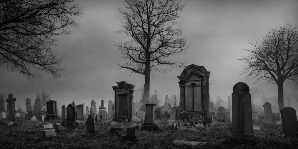 Image similar to ghosts in an old church yard cemetery, a ghostly figure os walking between the grave stones, night time low light, spooky and scary atmosphere, artstation flames from church windows,