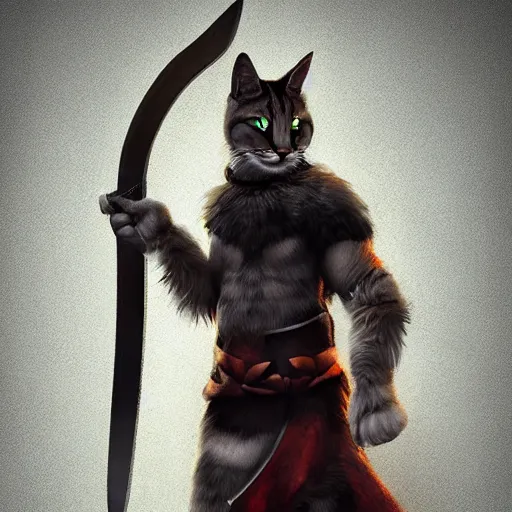 Prompt: character concept portrait, a warrior cat holding a blade, bright glowing, 3 d rendered, 3 d rendering, dramatic lighting, unreal enginedigital painting, concept art, smooth, sharp focus, illustration, 8 k resolution, trending on art station, cinema 4 d, behance hd