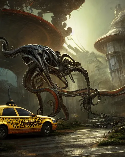 Image similar to xenomorph taxi car in a fantasy village, calming, uplifting mood, ultra realistic, farm, small buildings, highly detailed, epic lighting, illuminated, cinematic, morning, art by eddie mendoza