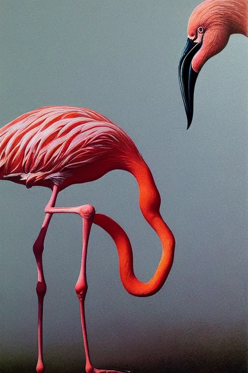 Image similar to hyper realistic painting of a flamingo by wayne barlowe, beksinski, hr giger, austin osman spare, bussiere