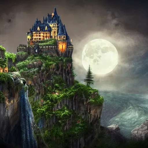 Prompt: a castle on top of a rocky edge that drops down into a waterfall, fantasy inspired, realistic water, high detail, trending, concept art, castlevania styled castle, moon over the castle, night, slightly foggy, masterpiece, high resolution