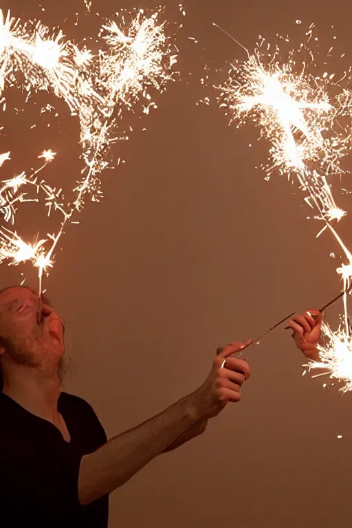 Image similar to margiela campaign featuring artist ben schumacher blowing out all the candles on the birthday cake, sparklers, realistic vfx simulation