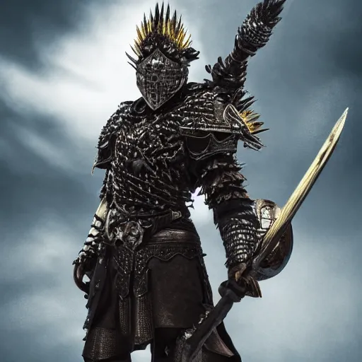 Image similar to warrior with spiky armour and a mace, highly detailed, dramatic lighting, cinematic, 4k