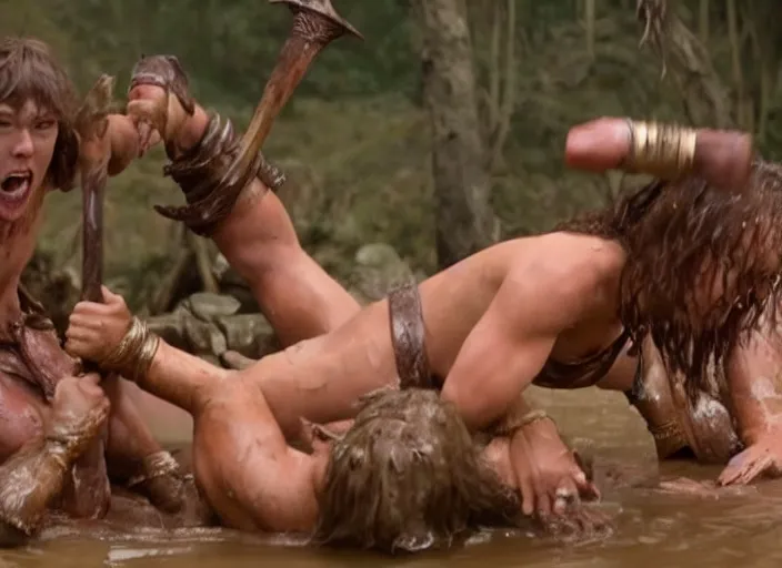 Prompt: taylor swift as conan the barbarian oil wrestling with nymphs, movie still, from the movie over the top, 8 k, realistic