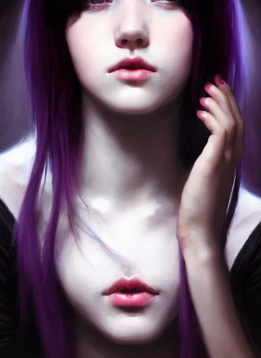 Image similar to portrait of teenage girl, red irises, bangs, black and white hair, white bangs, purple clothes, white bangs, bangs, black hair and white bangs, intricate, elegant, glowing lights, highly detailed, digital painting, artstation, concept art, smooth, sharp focus, illustration, art by wlop, mars ravelo and greg rutkowski