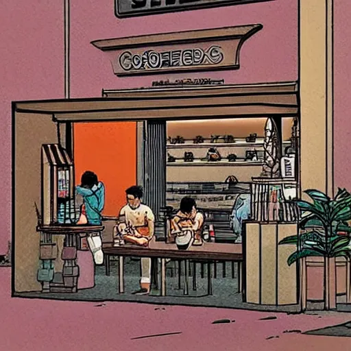 Prompt: a singaporean coffeeshop, by moebius