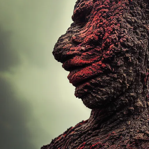 Image similar to beautiful lava human figure, exotic trees, bare bark, dark eyes, low angle mist, high octane, frostbite, 8 k, cinematic, 3 5 mm