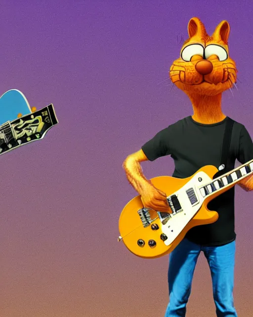 Prompt: garfield ( shredding on a gibson les paul, art by glenn fabry and frank frazetta, 3 d rendering by beeple, 8 k )