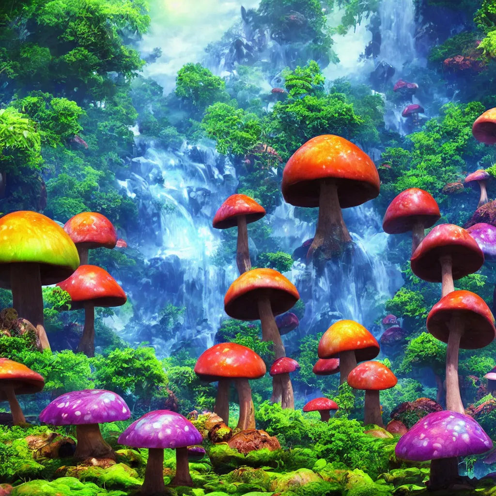 Prompt: colorful alien planet background, giant mushrooms, waterfall, tropical vegetation, landscape, rocks, anime, octane render, 4 k, ingame shot