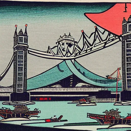 Prompt: “ tower bridge in london city in the style of a woodblock print by the japanese ukiyo - e artist hokusai ”