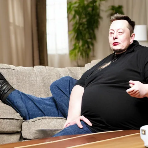 Prompt: morbidly obese elon musk with torn clothes lying on a couch with tv remote in his hand bored face 4k