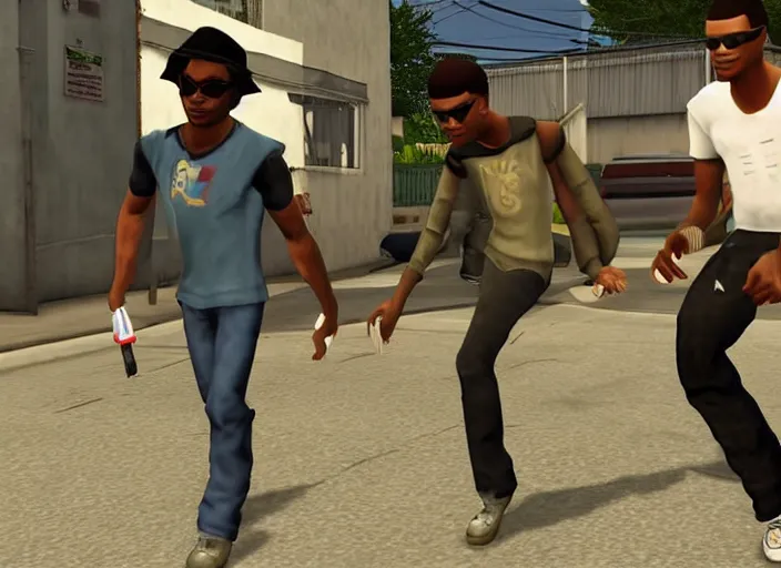 Prompt: Michael Jackson and Carl Johnson armed in Groove Street