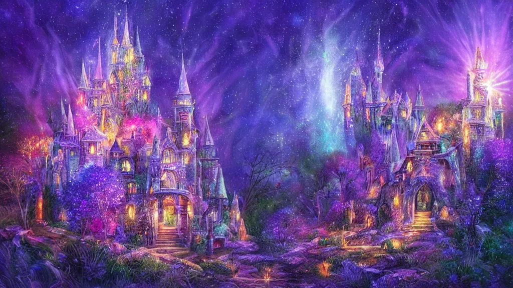 Prompt: a magical crystal castle made of light inspired by gilbert williams enveloped in trails of colorful lights around it. clean painting and auora lighting. dark blue and intense purple color palette, art by gilbert williams