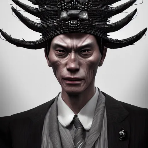 Prompt: japanese salaryman with extremely detailed headdress, inspired by die antwoord beautiful, hand painted textures, cloth physics, deviantart, karol bak, masamune shirow, black and white, beautiful lighting, photorealistic, concept art, perfect render, 3 d render, pixar, 8 k