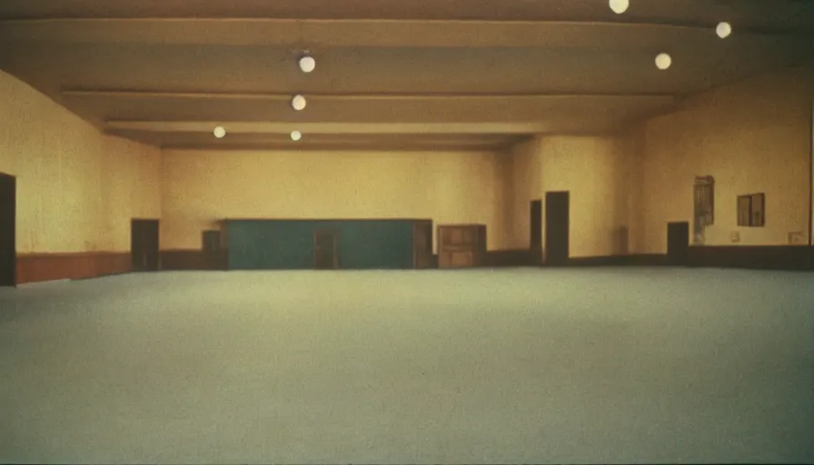 Image similar to 70s movie still of a man with very very long arms in an empty soviet ballroom, eastmancolor, heavy grain, high quality, higly detailed, liminal space