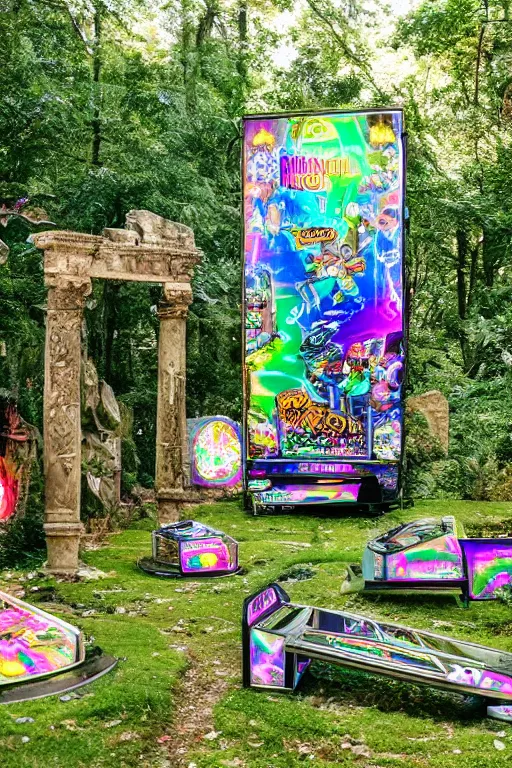 Image similar to al fresco arcade holographic pinball tables in the garden ruins, tree spirits kodama forestfolk excitedly gather round to set a new high score, neon pinball fantasy forest festival